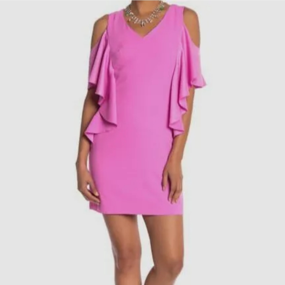 Trina Turk Women's Pink Lambada Ruffled Cold Shoulder Sheath Dress Size 6 NWT